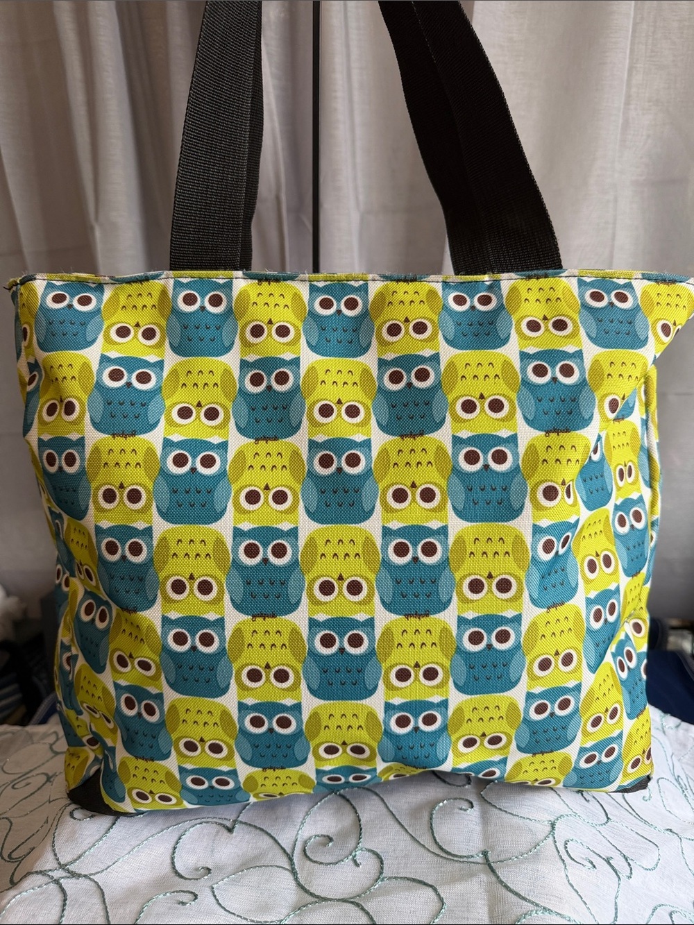 Yak Pak Owl Print Tote in Yellow and Teal with Black Straps - Picture 2 of 9